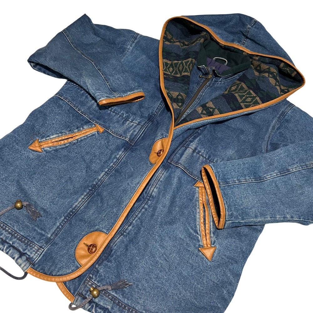 VTG OutBrook Denim Jacket Womens 20W Blue Southwestern Jacquard Hooded 80-90s